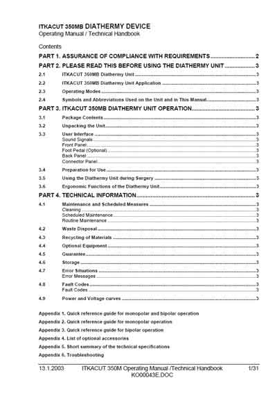 Инструкция по эксплуатации Operation (Instruction) manual на Диатермическое устройство (Эл.нож Коагулятор) ITKACUT 350MB (Finland) [---]
