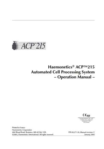 Инструкция пользователя User manual на ACP 215 [Haemonetics]