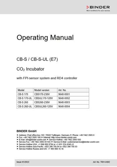 Инструкция по эксплуатации Operation (Instruction) manual на CO2 CB-S (E7) [Binder]