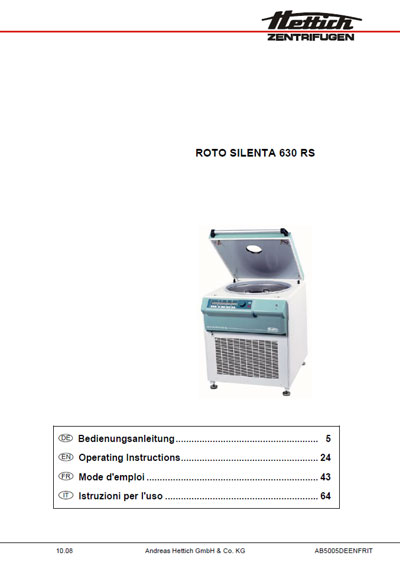 Инструкция по эксплуатации, Operation (Instruction) manual на Лаборатория-Центрифуга Roto Silenta 630 RS