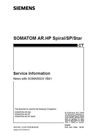 Сервисная инструкция Service manual на Somatom AR.HP Spiral/SP/Star - News with SOMARIS/4 VB41 [Siemens]