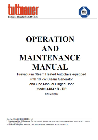 Инструкция по применению и обслуживанию User and Service manual на Автоклав Model 4483 1R - EP [Tuttnauer]