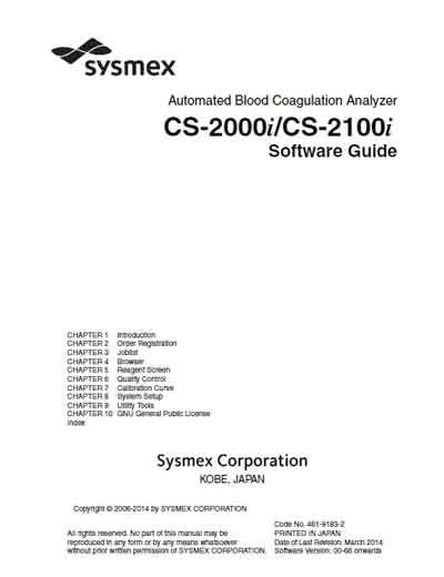 Инструкция по эксплуатации Operation (Instruction) manual на CS-2000i / CS-2100i (Software Guide) [Sysmex]