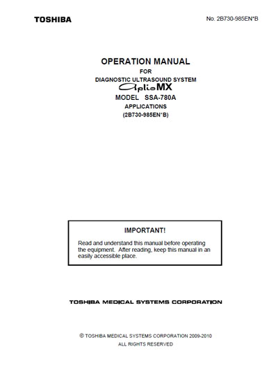Инструкция по эксплуатации, Operation (Instruction) manual на Диагностика-УЗИ SSA-780A Aplio MX