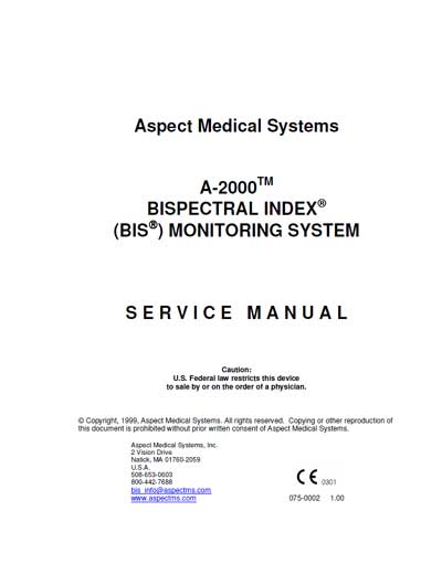 Сервисная инструкция Service manual на Система A-2000 Bispectral Index (BIS) [Aspect Medical Systems]