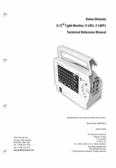 Техническая документация Technical Documentation/Manual на S/5 Light Monitor, F-LM1, F-LMP1 (October 2004) [Datex-Ohmeda]