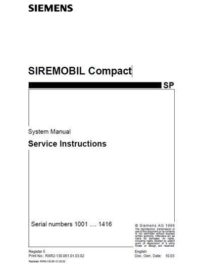 Сервисная инструкция, Service manual на Рентген Siremobil Compact SP