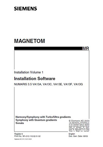 Инструкция по установке Installation Manual на Magnetom NUMARIS 3.5 VA13A, VA13C, VA13E, VA13F, VA13G [Siemens]