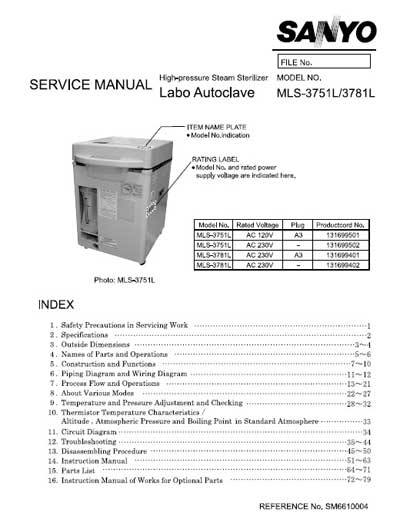 Сервисная инструкция, Service manual на Стерилизаторы Автоклав MLS-3751L/3781L