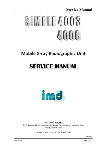 Сервисная инструкция, Service manual на Рентген Simple 4003, 4006 (IMD)