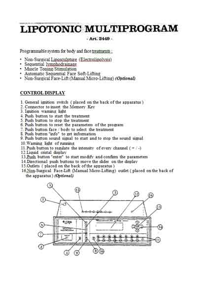 Инструкция по эксплуатации, Operation (Instruction) manual на Косметология Lipototic Multiprogram