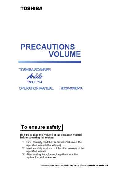 Инструкция пользователя, User manual на Томограф Activion 16 TSX-031A (Precautions Volume)