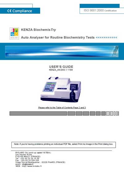Руководство пользователя, Users guide на Анализаторы KENZA Biochemis Try Analyzer (BioLabo SA)