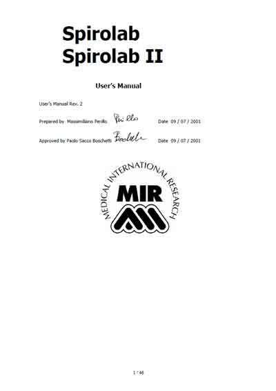 Инструкция пользователя User manual на Спирометр Spirolab II (Mir) [---]