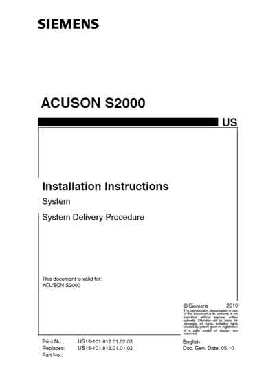 Инструкция по установке, Installation Manual на Диагностика-УЗИ Acuson s2000