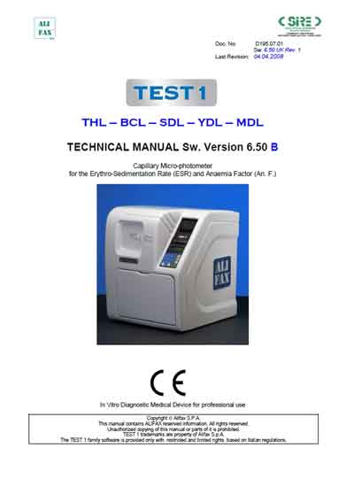 Техническая документация, Technical Documentation/Manual на Анализаторы Alifax TEST1 (Version 6.50B) СОЭ