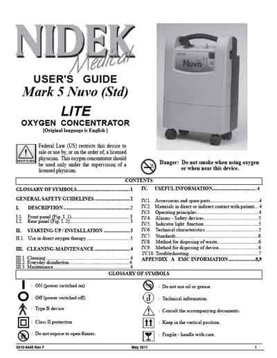 Инструкция пользователя User manual на Кислородный концентратор Mark 5 Nuvo [Nidek]