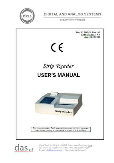 Инструкция пользователя, User manual на Анализаторы STRIP READER (DAS)