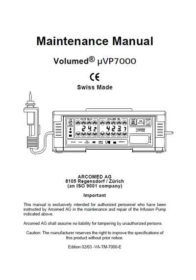 Эксплуатационная и сервисная документация Operating and Service Documentation на Инфузомат Volumed μVP7000 [Arcomed AG]