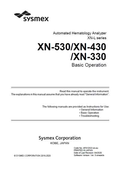 Инструкция по эксплуатации Operation (Instruction) manual на XN-L series XN-530,XN-430,XN-330 Basic operation [Sysmex]