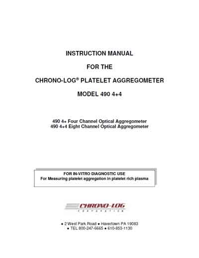 Инструкция пользователя, User manual на Анализаторы-Фотометр Агрегометр Model 490 4+4 (Chrono-Log)