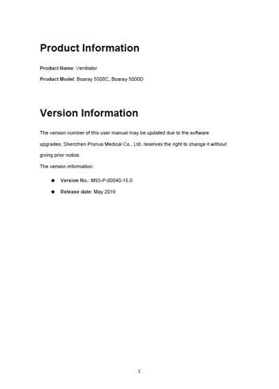 Инструкция пользователя, User manual на ИВЛ-Анестезия Boaray 5000C, 5000D (Shenzhen PRUNUS Medical)