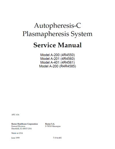 Сервисная инструкция Service manual на Model A-200, A-201, A-401 (для плазмофереза) [Baxter]
