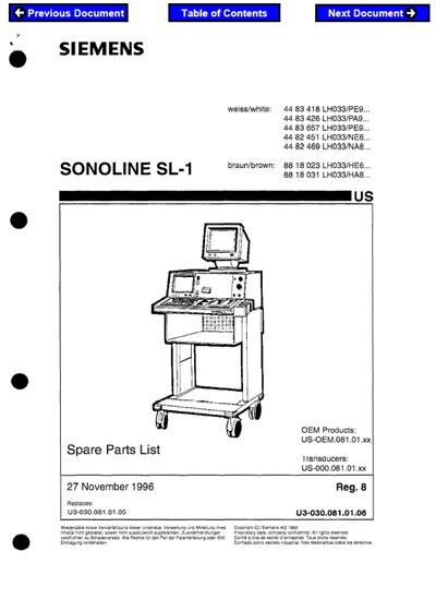 Техническая документация, Technical Documentation/Manual на Диагностика-УЗИ Sonoline SL-1C Spare Parts List