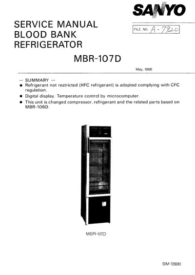 Сервисная инструкция Service manual на Холодильник для хранения крови MBP-107B [Sanyo]