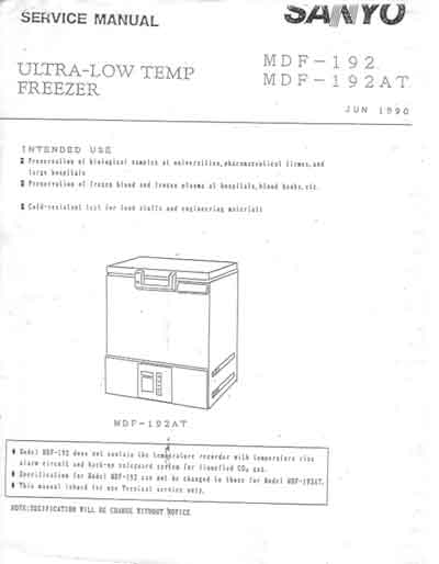 Сервисная инструкция Service manual на Медицинские морозильники MDF-192 (AT) [Sanyo]