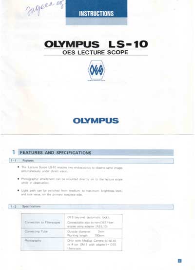 Инструкция пользователя User manual на Эндоскоп LS-10 [Olympus]