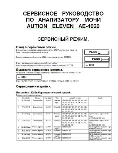 Инструкция по наладке, Adjustment Instruction на Анализаторы Анализатор мочи AUTION ELEVEN AE-4020 (Сервисный режим)