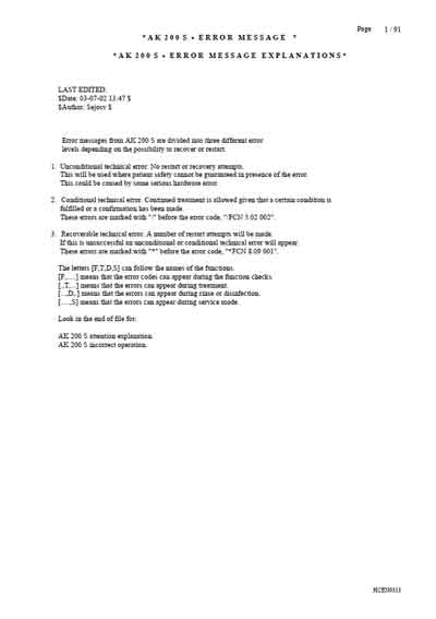 Техническая документация, Technical Documentation/Manual на Гемодиализ AK 200 S - коды ошибок