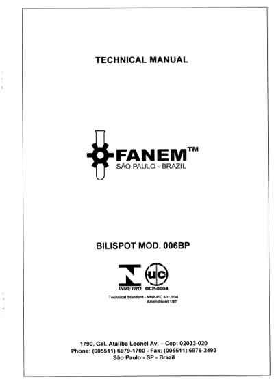 Техническая документация Technical Documentation/Manual на Установка для фототерапии BILISPOT MODELS 006 BP [Fanem]