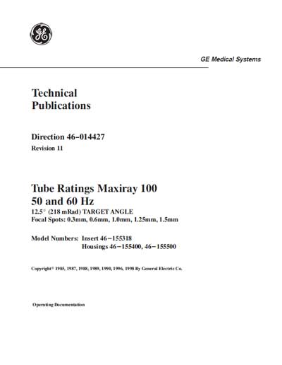 Техническая документация Technical Documentation/Manual на Трубка рентгеновская Maxiray 100 [General Electric]