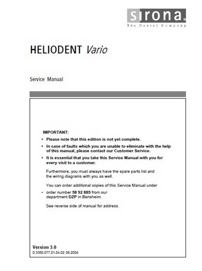 Сервисная инструкция Service manual на Интраоральный рентгенаппарат Heliodent Vario [Sirona]