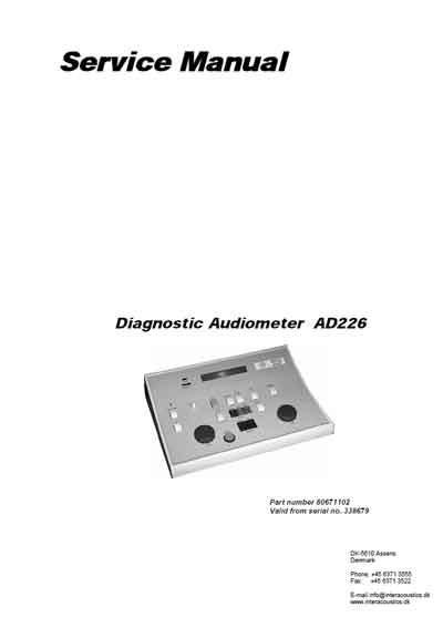 Сервисная инструкция, Service manual на Диагностика Аудиометр AD226 (Interacoustics)
