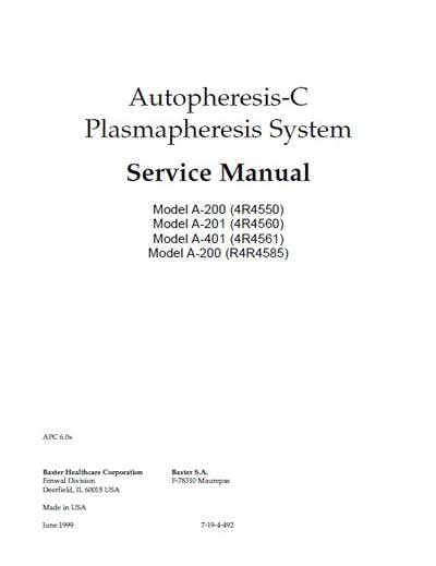 Инструкция по эксплуатации Operation (Instruction) manual на Autopheresis-C (для плазмафереза) [Baxter]