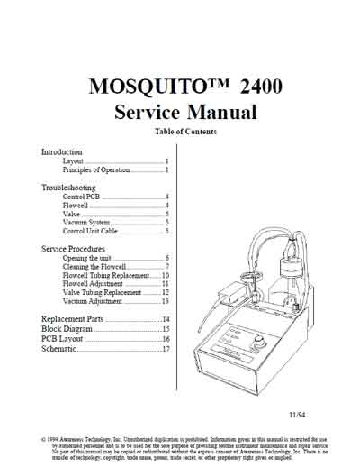 Сервисная инструкция, Service manual на Анализаторы Аспирационный модуль Mosquito 2400 для аппаратов Stat Fax 1900