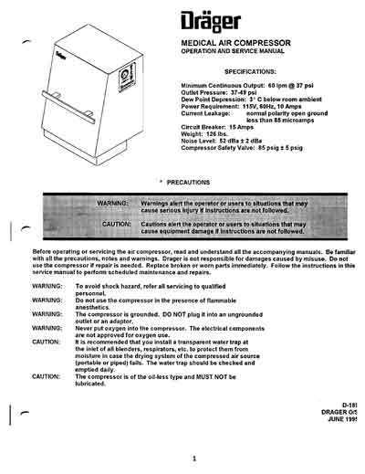 Инструкция по эксплуатации, Operation (Instruction) manual на ИВЛ-Анестезия Компрессор Air Compressor 95