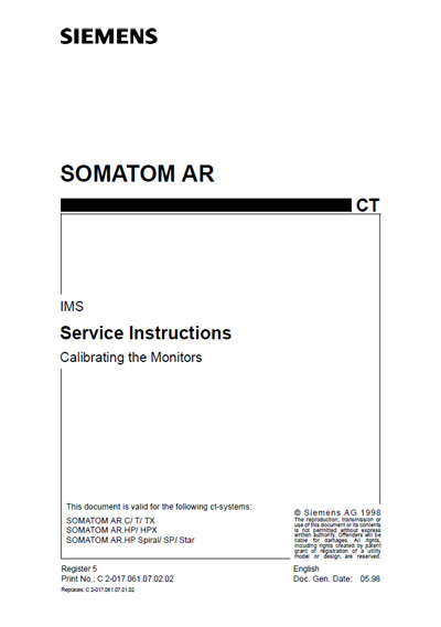 Сервисная инструкция Service manual на Somatom AR - IMS Calibrating the monitors [Siemens]