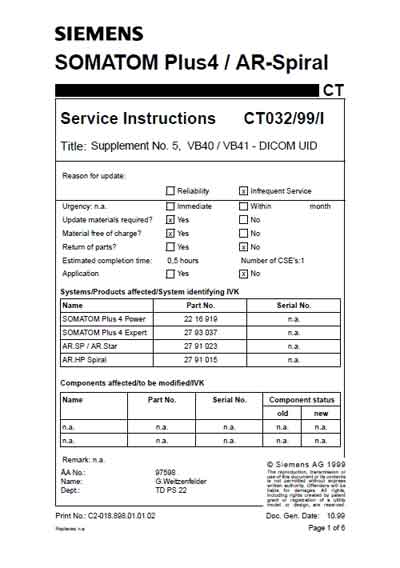 Сервисная инструкция Service manual на Somatom Plus4/AR-Spiral - Supplement No. 5, VB40/VB41 - DICOM UID [Siemens]