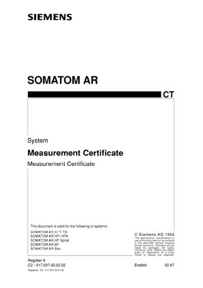 Техническая документация, Technical Documentation/Manual на Томограф Somatom AR - Measurement Certificate