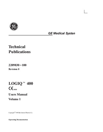Инструкция пользователя User manual на Logiq 400 Volume 1 [General Electric]