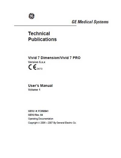 Инструкция пользователя User manual на Vivid 7 Dimension/Vivid 7 PRO [General Electric]