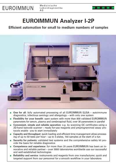 Технические характеристики, Specifications на Анализаторы EUROIMMUN Analyzer I-2P