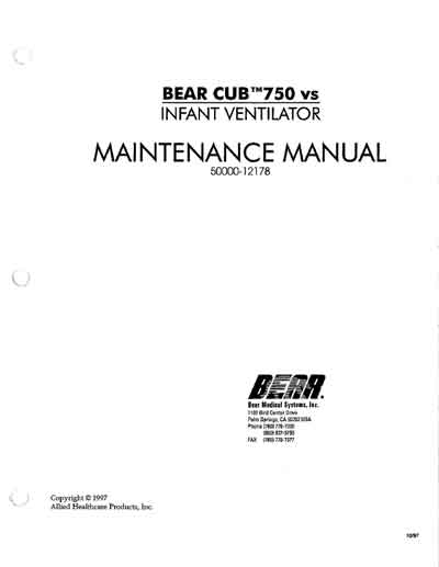 Инструкция по техническому обслуживанию, Maintenance Instruction на ИВЛ-Анестезия BEAR CUB 750 vs