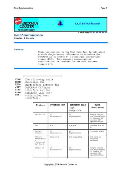 Техническая документация Technical Documentation/Manual на Synchron LX20 - Host interface specification [Beckman Coulter]