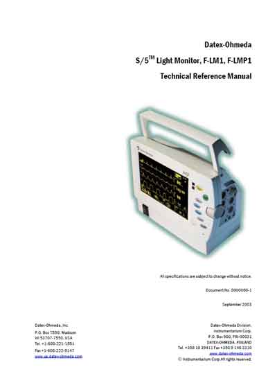 Техническая документация Technical Documentation/Manual на S/5 Light Monitor, F-LM1, F-LMP1 (September 2003) [Datex-Ohmeda]