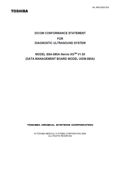 Техническая документация Technical Documentation/Manual на SSA-580A Nemio XG Dicom Conformance statement [Toshiba]